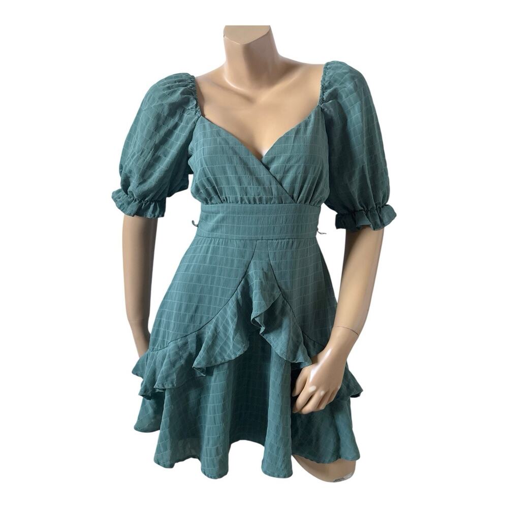 TRIXXI Womens Size Medium Teal Blue Puff Sleeve V Neck Ruffed Mini Dress